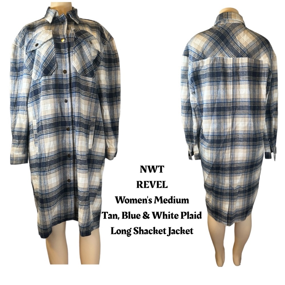 NWT REVEL Women's‎ Tan, Blue & White Plaid Long Shacket Jacket Size Medium